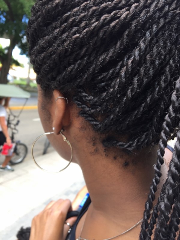 The back and left side of a woman's head. Her hair is in braids and she is wearing a hoop earring.